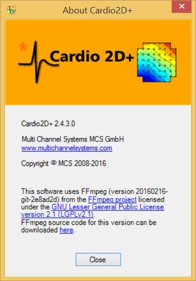 "About Cardio2D+" dialog with