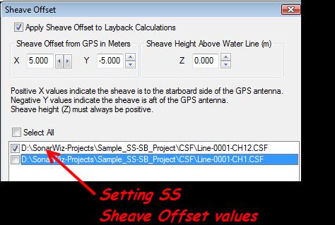 Then select the Set CableOut button, and set the sidescan CSF file CableOut value to 25