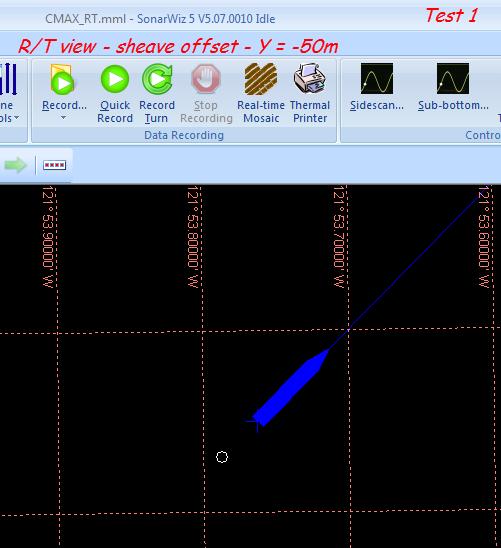 4.1.2 Test 1 - R/T Mosaic View The fish icon shows a lag behind the boat, and the distance is 50m.