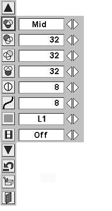 Adjust each level by pressing the Point 7 8 buttons. Contrast Image Adjust Menu Image Adjust Menu icon Move the red frame pointer to the item to be selected and then press the SELECT button.