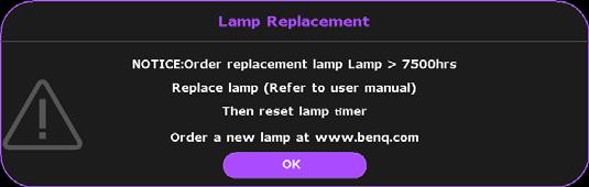 Timing of replacing the lamp When the Lamp indicator lights up red or a message appears suggesting it is time to replace the lamp, please install a new lamp or consult your dealer.