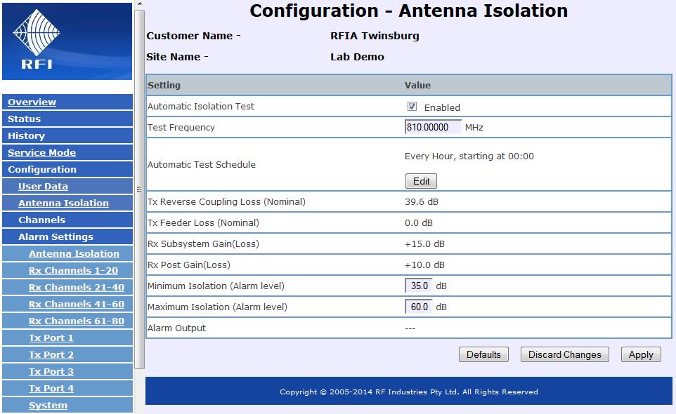 ANTENNA ISOLATION CONFIGURATION If antenna isolation testing is not going to be used, this step may be skipped. At the APM GUI, select Configuration and then Antenna Isolation.