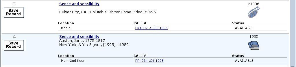 It also gives the call number, or shelf location, of the video and shows that the status of the item is AVAILABLE (not checked out). 3. To see more details about the item, click on the title.