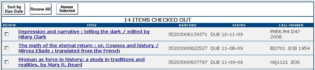 Once logged in, you will see the screen below that indicates which items you have borrowed. Renew all items on the list.