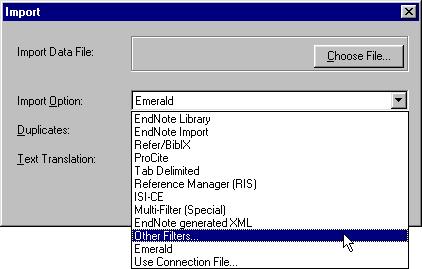 Please see page 9. The first time you import a file you won t see the import filter that you need in the list of filters. You need to identify the proper EndNote filter to import the data.