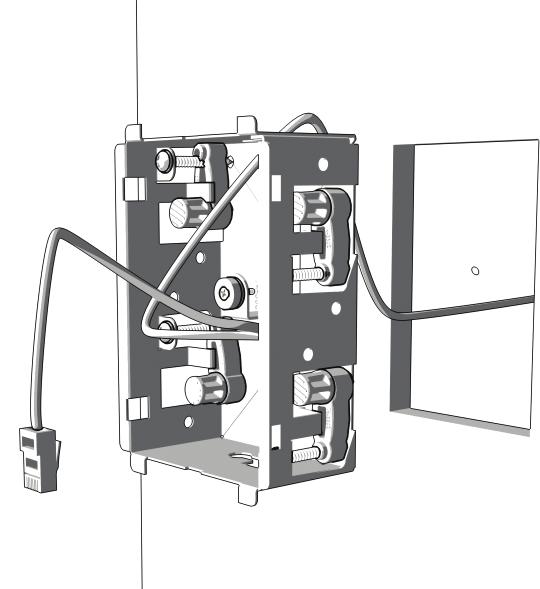 Insert the KP-iOS mounting frame into the opening in the wall. Note: The Roto-Lock system can accommodate wall thickness of 3/8 to 3/4 and can be extended to 1 1/4 with the removal of the toggle caps.