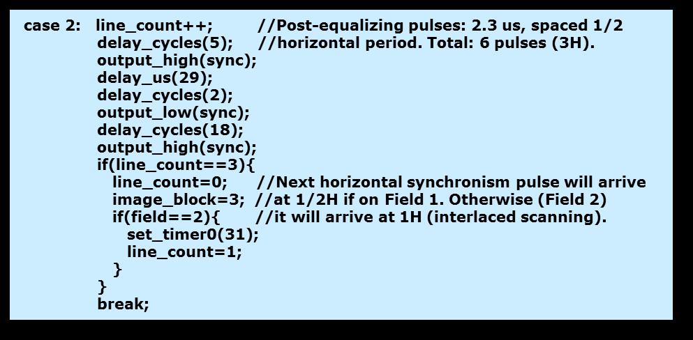 Now it is time to generate the post-equalizing pulses; same logic as before, with one fundamental change: the field detection to implement the interlaced scanning.