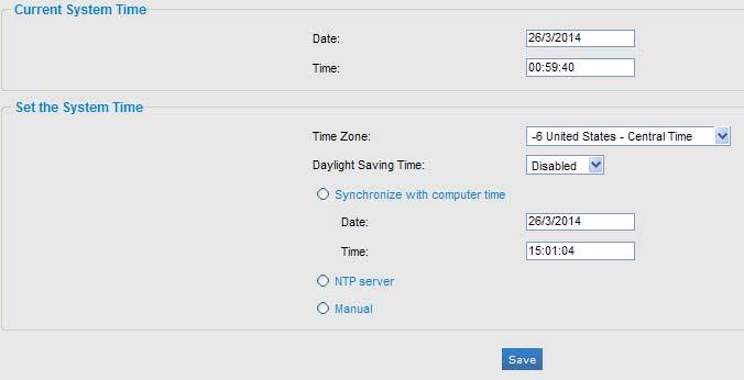 3.5.5 Date and Time Ultra-mini SIP PoE IP Camera Parameter Time Zone Daylight Saving Time Synchronize with Computer Time NTP Server Manual Choose a time zone for your location; the default time zone