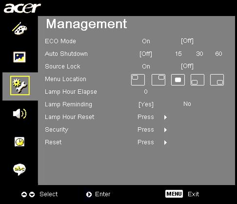 19 Management setting ECO Mode Choose "On" to dim the projector lamp which will lower power consumption, extend the lamp life and reduce noise. Choose "Off" to return normal mode.