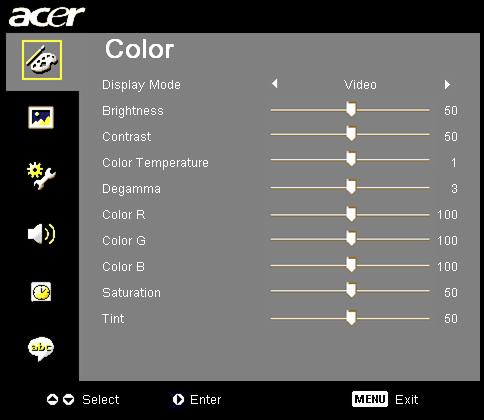 16 Color setting Display Mode Brightness Contrast There are many factory presets optimized for various types of images. Standard: For common environment.