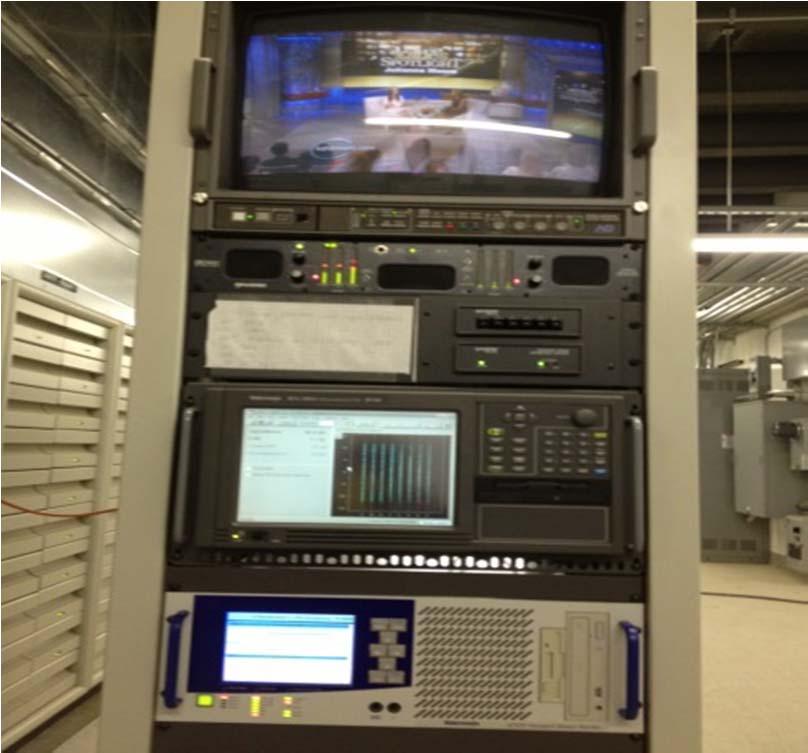 The Harris ATSC Test Equipment rack at the Slide Mountain DTV Transmitter site with the Tektronix RFA 300 and Transport Stream Analyzer is used to measure the Apex and CD 1 HD Exciters.