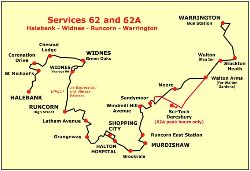 Services 62 and 62A between Halebank and Runcorn Shopping City or Warrington via Widnes and Runcorn (High Street, Latham Avenue and Grangeway).