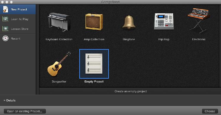 Navigation to GarageBand Unless you already have a song in progress, the first screen that will come up is the welcome screen.