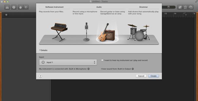 2. CREATING A NEW GARAGEBAND SONG Figure 4. Choosing instruments for project GarageBand will ask you to choose if you want to use software instruments or real instruments.
