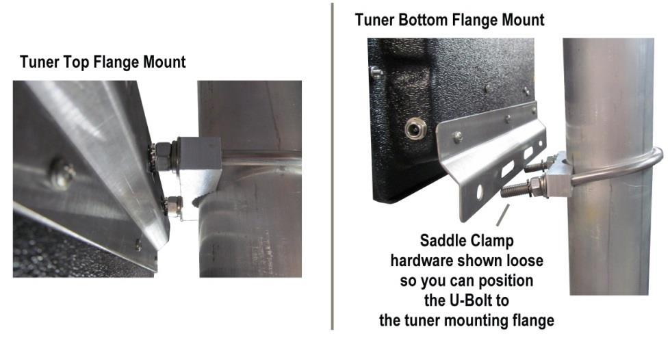 Place on 5/16 External Tooth Washer on each leg of the upper saddle clamp U-bolt and then position the MFJ-993BRT or MFJ-994BRT tuner in place on the upper U-bolt that protrudes from the saddle clamp.