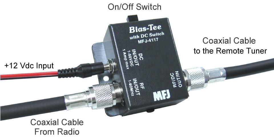Lightning protectors that block DC cannot be used. Follow the instructions provided by MFJ for both the Tuner and the Bias Tee.