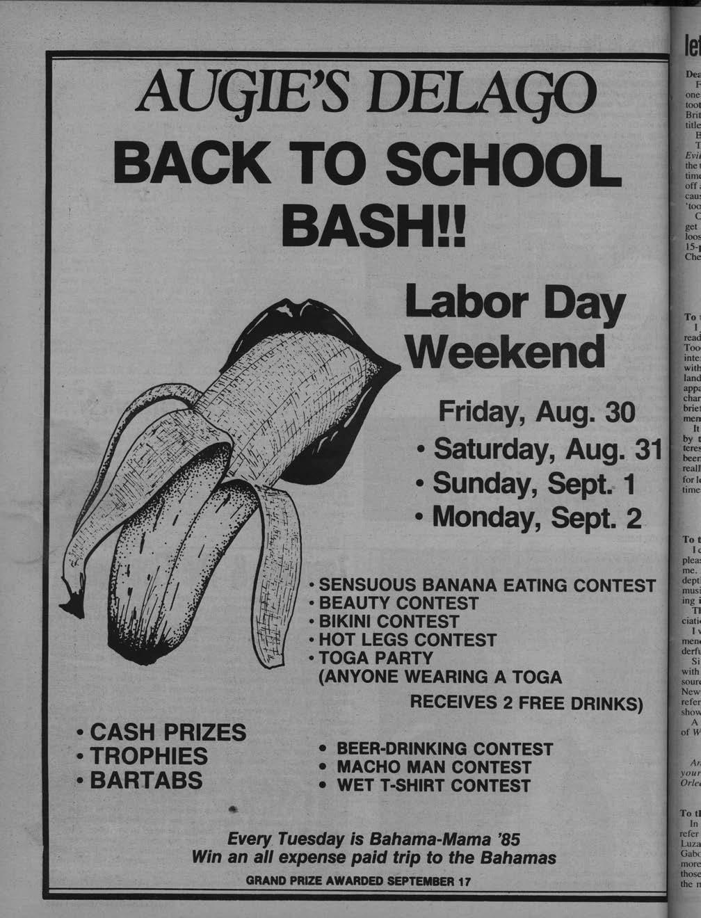 AUGIE'S DELA_ BACK TO SCHOOL BASH!! Labor Day Weekend Evi the tim off To I Friday, Aug. 30 Saturday, Aug. 31 Sunday, Sept.~ 1 Monday, Sept. 2 CASH PRIZES TROPHIES.
