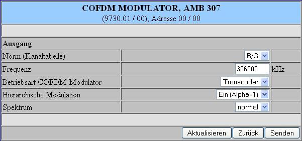 8.2 Extended settings (menu 1) Output Standard (channel table) Frequency Operating mode COFDM-Modulator Hierarchical modulation Spectrum