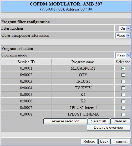 4 Program filter (menu 3) Program filter configuration Filter function selection: On/ Off Other transporder information Program selection
