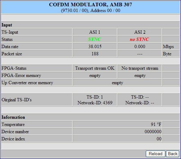 8.9 Device status (menu 8) Input TS-Input Status Data rate Packet size FPGA Status FPGA-Error memory Up Converter error memory Original TS-ID s Information Temperature Device number Device index