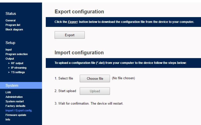 13 - Import/Export Config page In Import/Export Config section (Figure No 16) the user is able to do