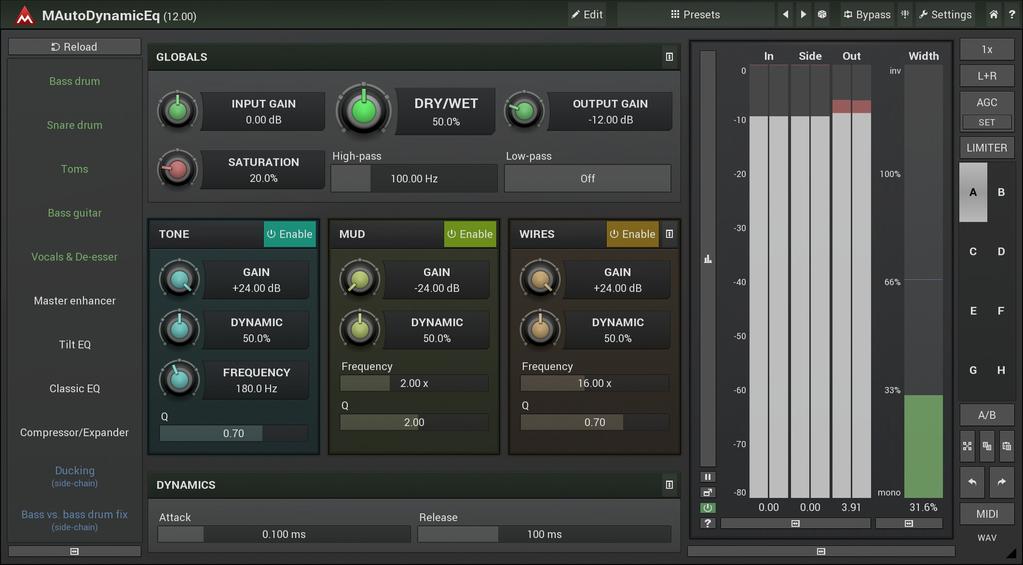 MAutoDynamicEq Overview Dynamics processors, such as compressors and expanders, dynamically manipulate the overall level of the audio material.