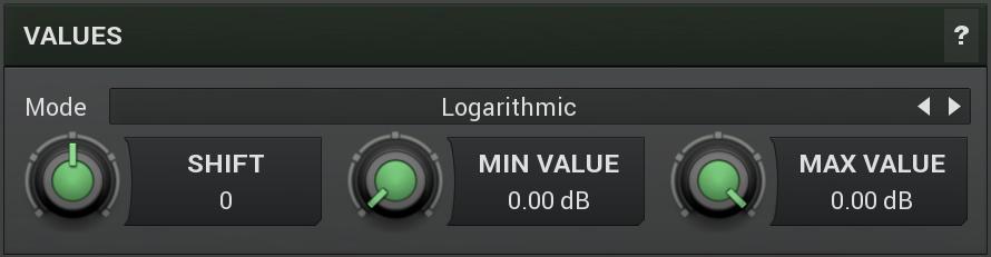 Values Mode Mode controls how the controller works. Logarithmic scale is useful for oscillator frequencies, however it may not be useful for general parameters where Linear scale will be more useful.
