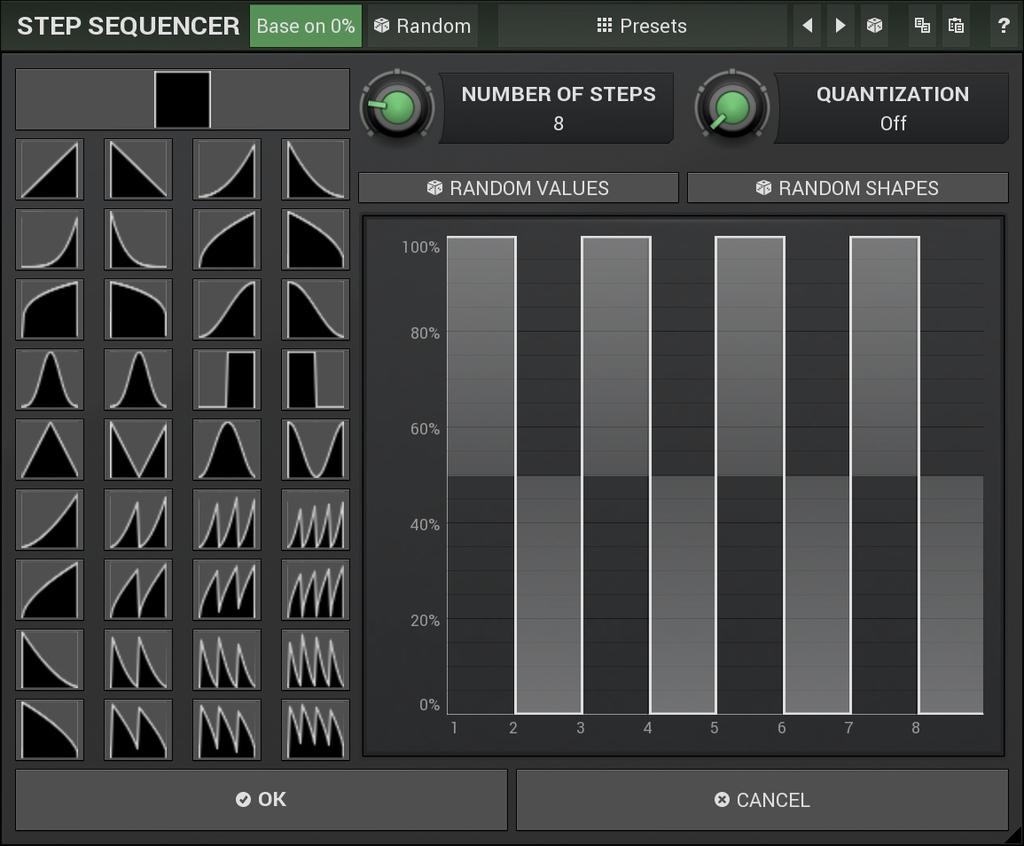 Step sequencer Step sequencer controls the amount of the step sequencer shape that is blended into the main shape (which has already been blended with the custom shape).