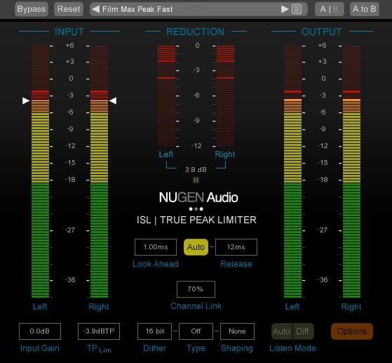 Output Metering and Listen Mode This section provides a view of the True-Peak input levels (dbtp). Depending upon the version chosen and the audio track this will be shown in a stereo, 5.1, 7.1 or 7.