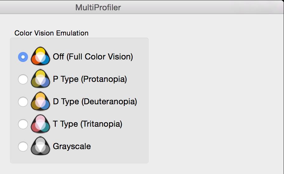 Dialogs, Settings, and Options 20 Color Vision panel The Color Vision panel controls the Color Vision Emulation settings used to emulate several modes of human color vision deficiency, also known as