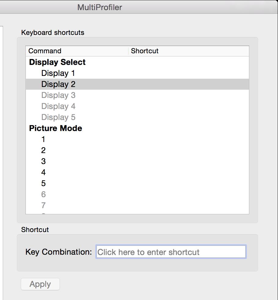 Dialogs, Settings, and Options 25 Shortcuts panel The Shortcuts panel is used to configure keyboard shortcuts that can be used to control various functions within MultiProfiler via the keyboard.