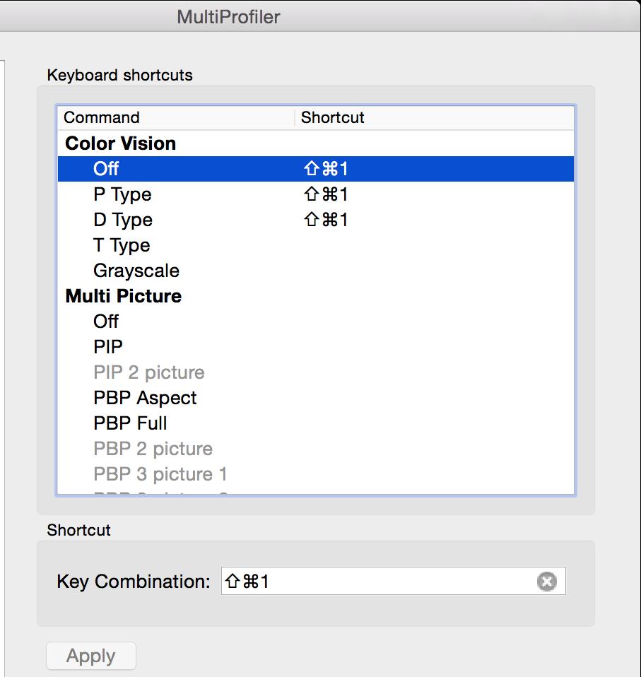 Dialogs, Settings, and Options 27 Example - Color Vision Shortcuts For example, a unique keyboard shortcut can be created to switch between Color Vision modes to quickly check how the colors in a