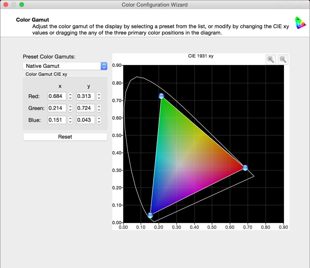 Color Gamut adjustment wizard page Picture Modes 34 The Color Gamut page is available with the DICOM, High Brightness, and Full presets, and Custom Picture Modes.