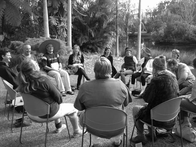 Laughter Yoga teacher training in progress at Byron Bay, Australia in 2005 Training Other Leaders Laughter Clubs go on 30 days in a month, 365 days in a year in India and some other countries and at