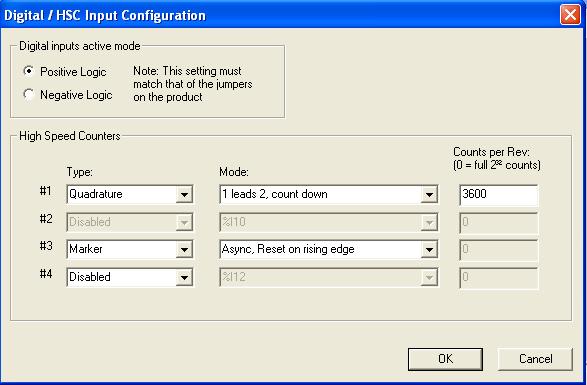 Example 2. Quadrature HSC Input The quadrature setting on the high-speed counter can use up to three channels. We will set up an encoder feed back to do just this with an Up/Down input and a marker.