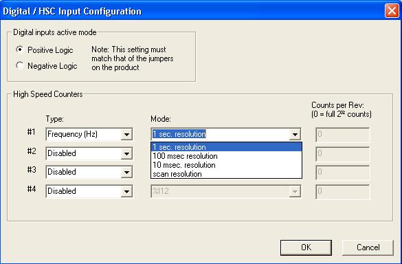 Configuring Frequency HSC Type Select Frequency (Hz) from the drop down Type menu. We now have four options in the Mode menu to configure the resolution of the Frequency HSC.