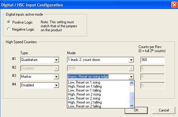 Configuring Quadrature HSC Type Select Quadrature from the drop down Type menu. We now have two options in Mode window relating to the direction of the encoder.