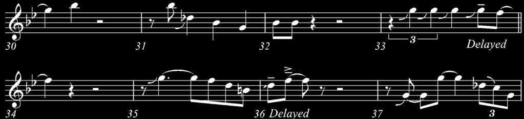 Example 16: Hodges Two Eighths Marshal Royal mimics this feel in the Second Time Around example above. In Examples 17a and 17b below this subtle rhythmic manipulation can be heard in m. 32 and m.