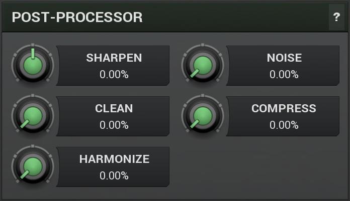 Post-processor panel contains parameters of the harmonics post-processor. The generator and sample analyzer first create a series of harmonics, the timbre.