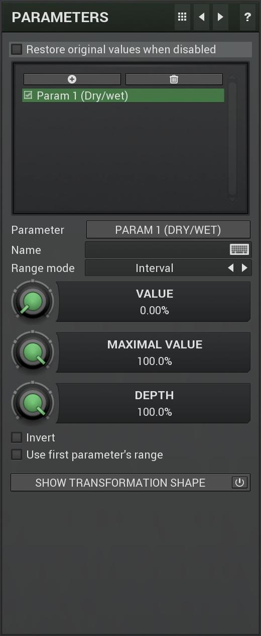 Parameters panel contains the list of the parameters that the modulator is controlling, their ranges etc.