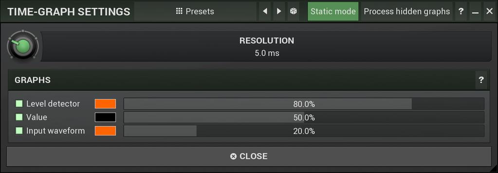 Time-graph settings Presets button Presets button displays a window where you can load and manage available presets. Hold Ctrl when clicking to load a random preset instead.