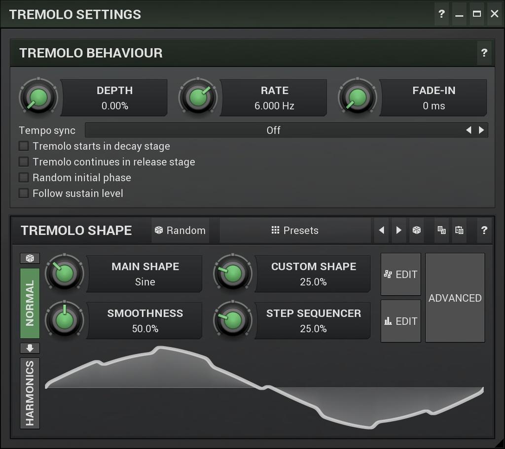 Settings button Settings button displays additional tremolo settings, containing