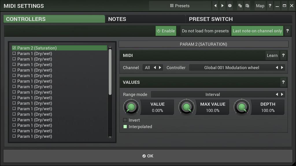 MIDI editor MIDI settings window lets you configure, how the plugin reacts to various MIDI messages.