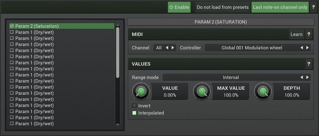 Controllers panel Controllers panel contains settings of MIDI controllers. Do not load from presets button Do not load from presets button disables loading the controllers from presets.