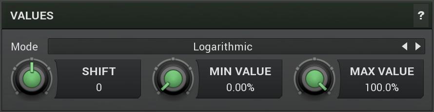 Values Mode Mode controls how the controller works. Logarithmic scale is useful for oscillator frequencies, however it may not be useful for general parameters where Linear scale will be more useful.