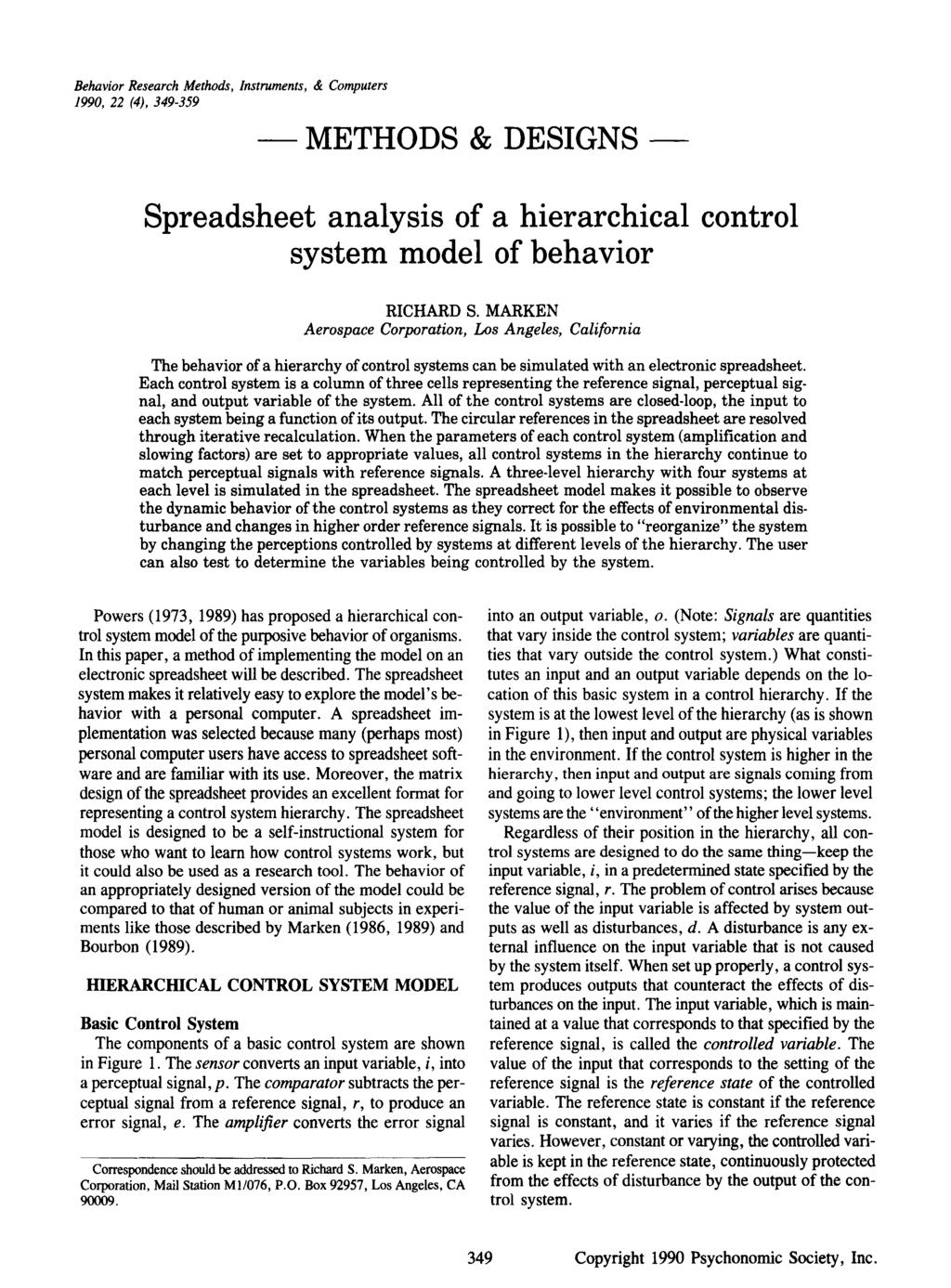 Behavio Reseach Methods, Instuments, & Comutes 1990, 22 (4), 349-359 - METHODS & DESIGNS Seadsheet analysis of a hieachical contol system model of behavio RICHARD S.