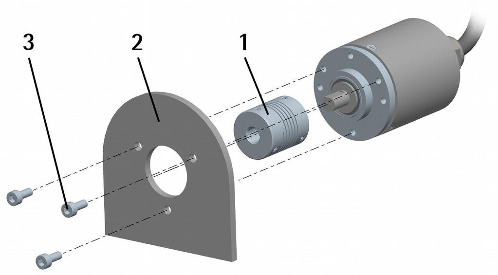 3.2 Encoder with solid shaft IQ36 Mount the flexible coupling 1 on the encoder shaft; fix the encoder to the flange 2 by means of the screws 3; mount the