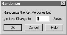 Edit MIDI Note dialog box 40-19 The wording of the dialog box changes to reflect your MIDI data type selection (key velocities or note durations). Randomize the Key Velocities but Limit the Change to.