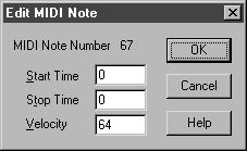 MIDI Tool split-window 40-20 What it does This dialog box simply provides a convenient way to edit the Start and Stop Times and Key Velocity of a note in one place. MIDI Note Number.