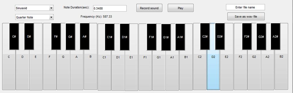 Fig. 5. Piano GUI is pressed is called the note. We have implemented the three octave piano for the quarter note, half note and full note. Quarter note corresponds to 0.